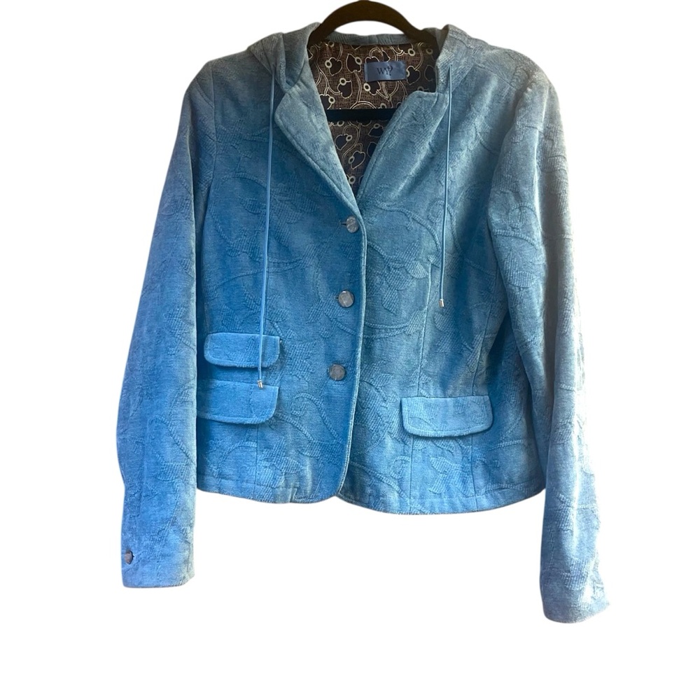 WY? Women’s Vintage Hooded Jacket Blue 62% Viscose Lining 100% Silk Size 8 USA